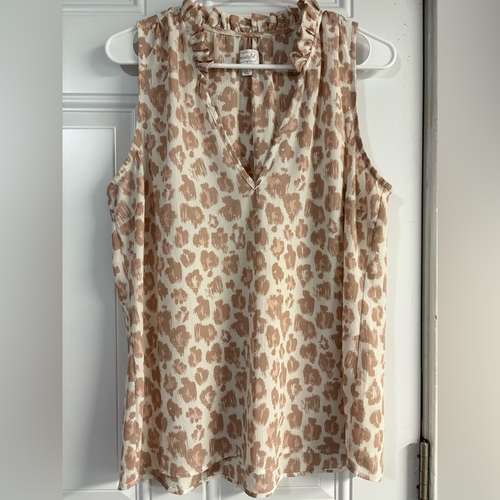 Mud Pie Ruffle Neck Sleeveless Blouse - Cream and Brown✨